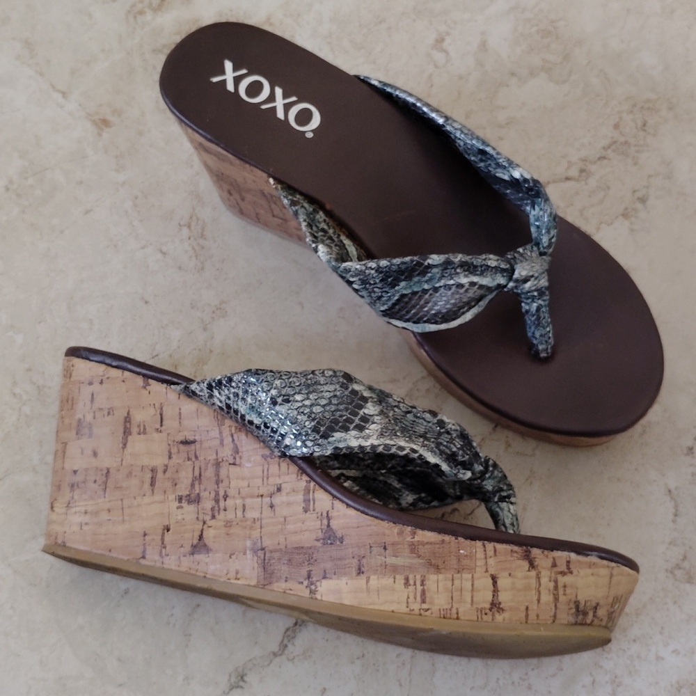 XOXO Snakeskin Wedge Cork Sandals